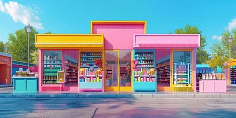 Colorful Candy Storefront with Vibrant Exteriors and Bright Daylight