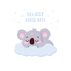 Childrens cute poster with a funny koala on a cloud. Cute little koala sleeping on a cloud. Poster for Baby shower, childrens room, with a cute sleeping koala character