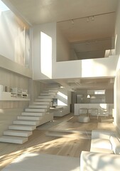Fototapeta premium Modern Minimalist Loft Interior Design With Wooden Floor And White Staircase
