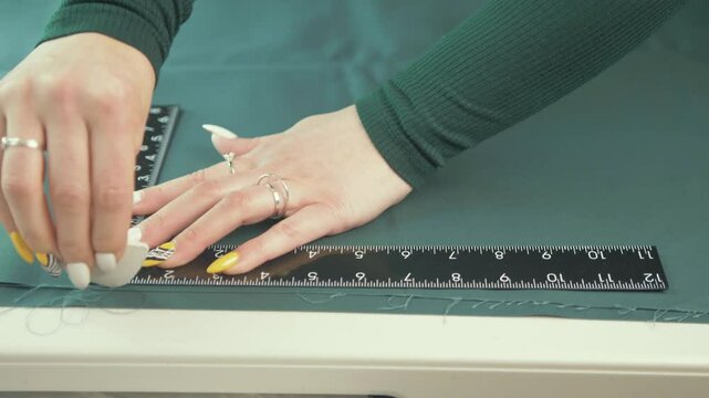 Female tailor ruling straight edge on green fabric