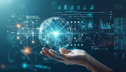 A hand holding a glowing sphere with a blue background by AI generated image