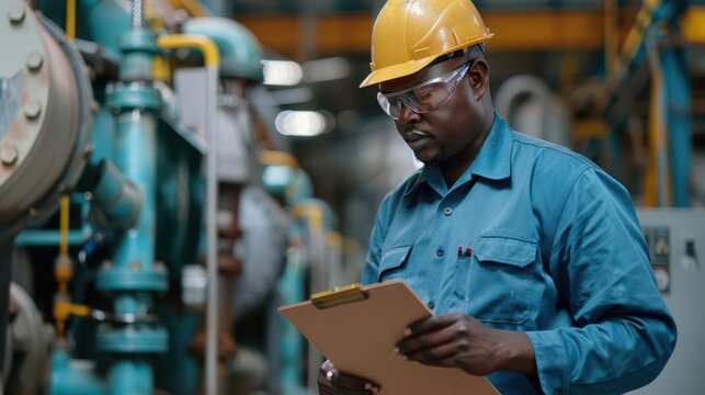 busy african male technician inspecting machinery in a factory holding a clipboard for notes industrial photography