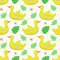 Seamless pattern with yellow duck and palm leaves. A float for the pool. Inflatable yellow ducks and palm leaves. A swimming circle. Vector pattern for your summer beach design