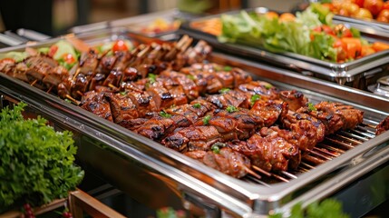 catering buffet with grilled meat at indoor restaurant event festive party food lifestyle photography