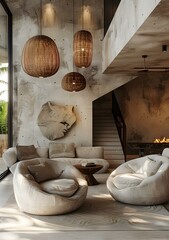 Modern Living Room Interior Design with Concrete Walls and Unique Lighting
