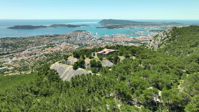 Fort Faron and Toulon Cityscape with the Mediterranean Sea AERIAL