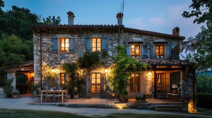 Naklejka premium charming stone facade house bathed in warm evening light exterior view