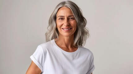 Obraz premium cheerful middleaged woman in blank white tshirt smiling at camera clothing mockup lifestyle photography