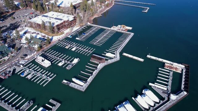 Aerial View of Marina on Lake Tahoe USA in Winter Season dn Sunny Day