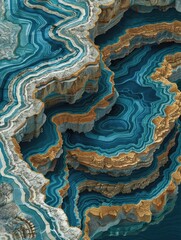 An abstract acrylic artwork with soothing blue, white, and gold hues