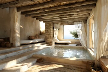 Steps lead down to a sunken living room with a daybed and pool