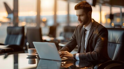 A business traveler in an airport lounge, working on a laptop with a coffee cup and a plane visible through the window