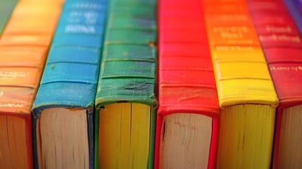 A bookcase filled with books of various colors and sizes. The books are arranged in rows, with some books stacked on top of each other