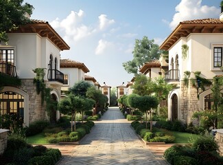 Naklejka premium European style residential buildings with stone and brick walls and large windows