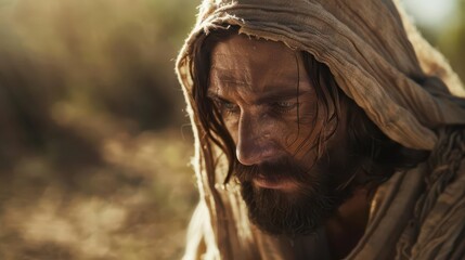 closeup of jesus walking on dusty path to jerusalem deep in thought and purpose