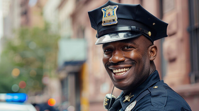 A smiling police officer wearing a black hat and a badge