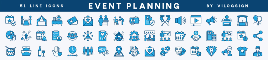 Set of event planning icon. Containing party, entertainment, birthday, celebration, wedding, festival, conference, seminar, decoration, calendar, catering, fireworks, organization and more