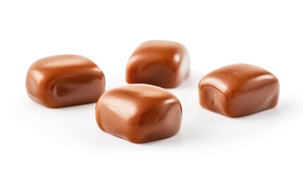 Obraz premium closeup of three toffee caramel candies isolated on white background sweet confectionery treats