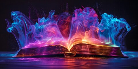 Magical Open Book with Mystical Glowing Smoke in Vibrant Colors