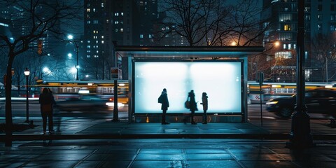 Nighttime City Bus Stop with Blurred Motion