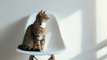 Naklejka premium A cat sitting on a minimalist chair, its sleek fur contrasting with the simple, clean lines of the furniture