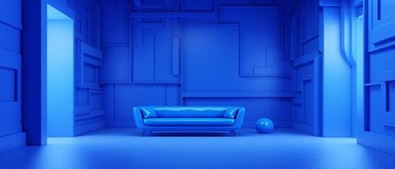 Blue room in 3D, background design, modern interior concept illustration.