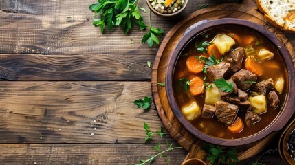 Hungarian beef and vegetable soup with dumplings on wooden table Warm meal Blank space