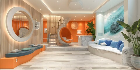 An orange modern hotel lobby interior design with a curved staircase and a big round orange pod chair