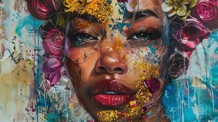 Obraz premium A woman's face is painted with gold and blue colors. The painting is abstract and has a lot of detail. The woman's face is the main focus of the painting, and it is a portrait of a woman