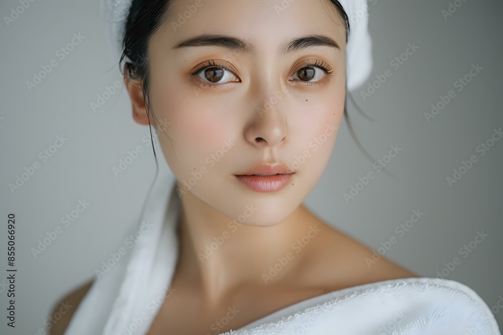 Poster beautiful asian woman with towel wrapped around her head