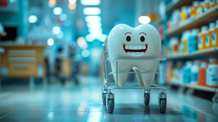 Smiling molar / tooth in a shopping cart in a supermarket. 