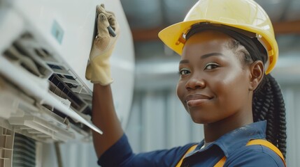 confident black woman in electrician uniform repairing an ac unit showcasing skill and expertise in a maledominated field digital painting