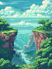 Pixelated 8-bit retro game landscape.