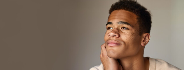 Obraz premium Young freckled man with thoughtful expression. Banner with copy space