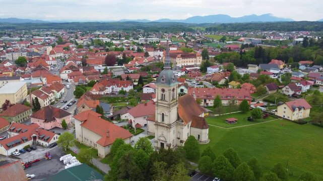 Slovenska Bistrica, Slovenia, Aerial drone view of European city centre