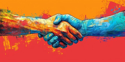 Vibrant Abstract Handshake Painting Showcasing Unity and Collaboration