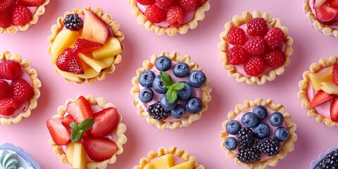 Colorful Assorted Fruit Tarts on Pink Background with Various Berries and Fresh Fruits