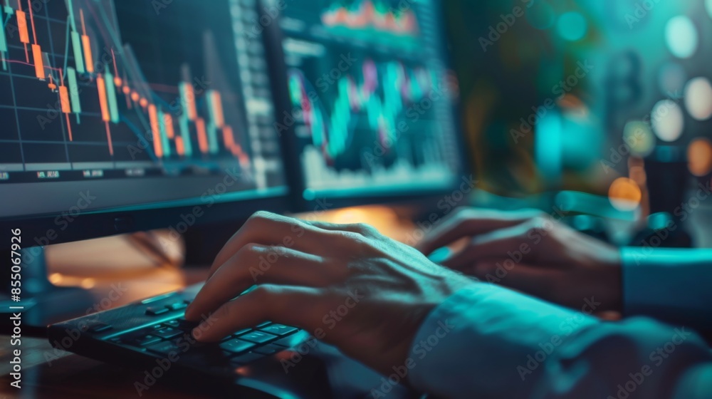 Aufkleber A close-up of a financial analyst's hands typing on a keyboard, with financial graphs on the computer screen