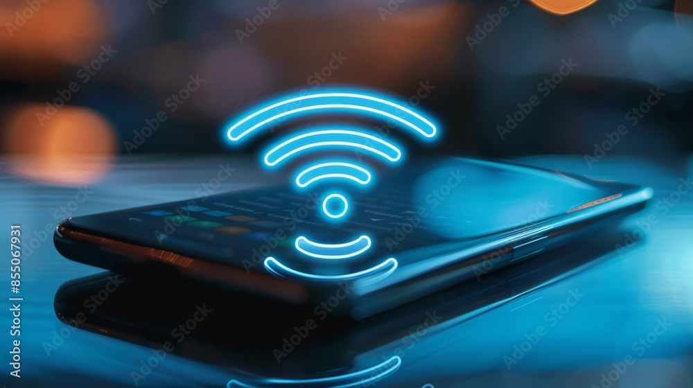 Poster a close-up shot of a smartphone displaying a strong wi-fi signal, symbolizing reliable wireless conn