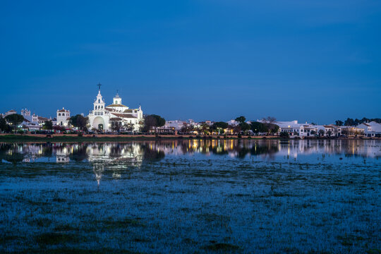 Night View of El Rocio Church and Reflection in Almonte, Spain