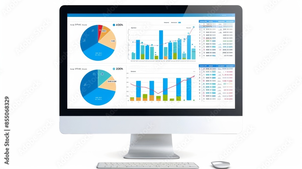 Leinwandbilder A desktop computer screen showing a detailed financial report with pie charts and bar graphs