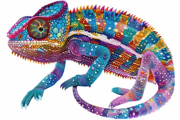 Colorful chameleon with vibrant scales and a white background.