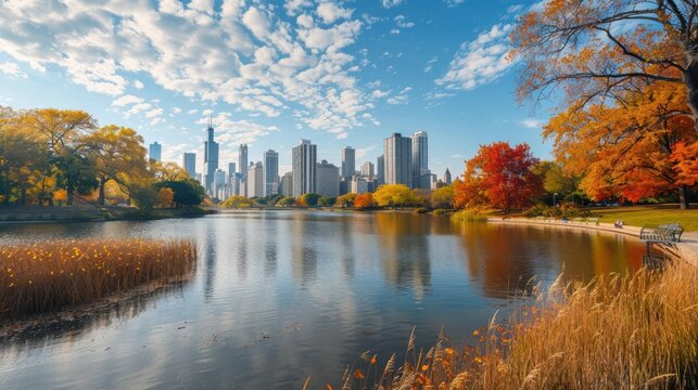 A beautiful autumn landscape on the banks of Lake Michigan at Navy Pier, autumn trees, people walking, skyscrapers, hotels and office buildings in the city skyline