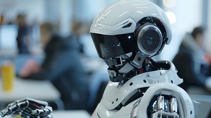 Fototapeta premium A robot is holding a hand in front of a computer screen with a lot of lines and numbers 