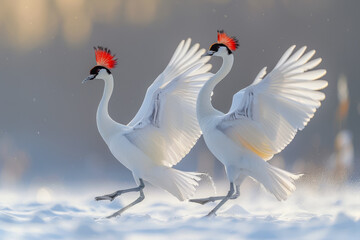 Two birds with red beaks and red feathers are running in the snow