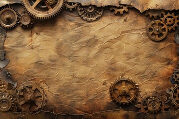 Rustic steampunk background with rusty gears and parchment texture.