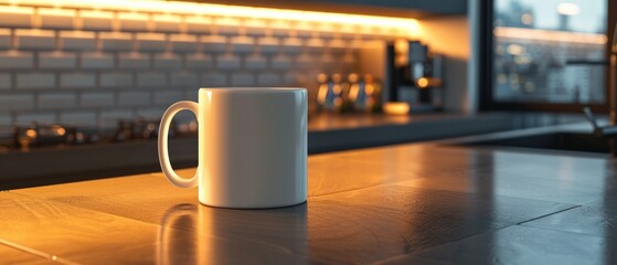 White mug on a wooden counter in a coffee shop.
