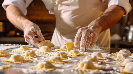chef preparing tasty ravioli for serving