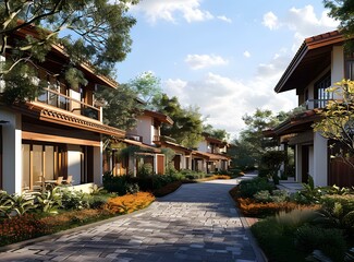 Fototapeta premium Peaceful Neighborhood with Traditional Asian Style Homes