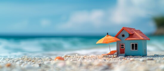 Miniature beach house with umbrella on a beach. Summer vacation and travel concept. Banner with copy space